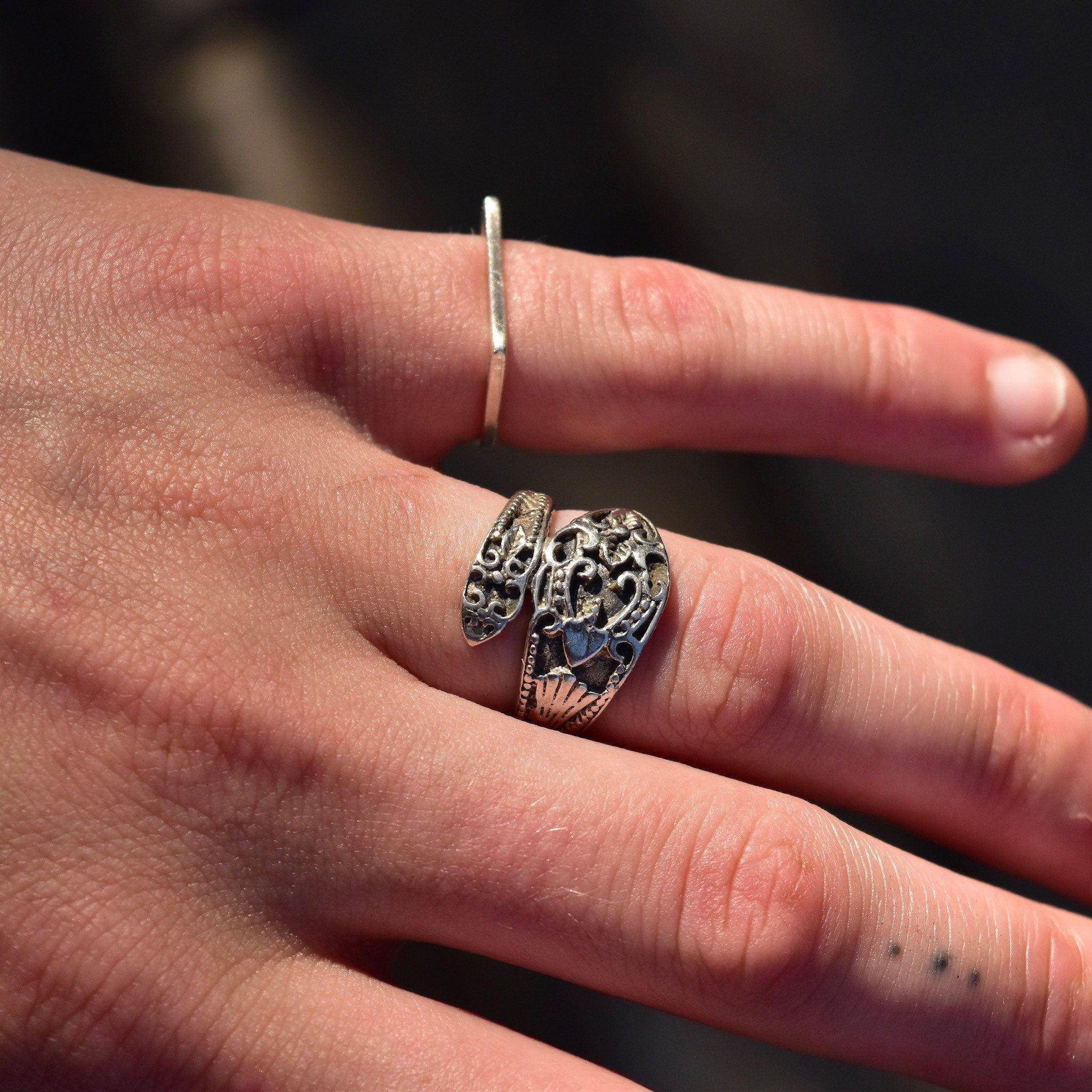 Ornate Sterling Silver Snake Spoon Ring, Engraved Silver Wrap Ring, Flora Motifs, Art Nouveau Revival, 925 Stacking Ring, Size 7 US