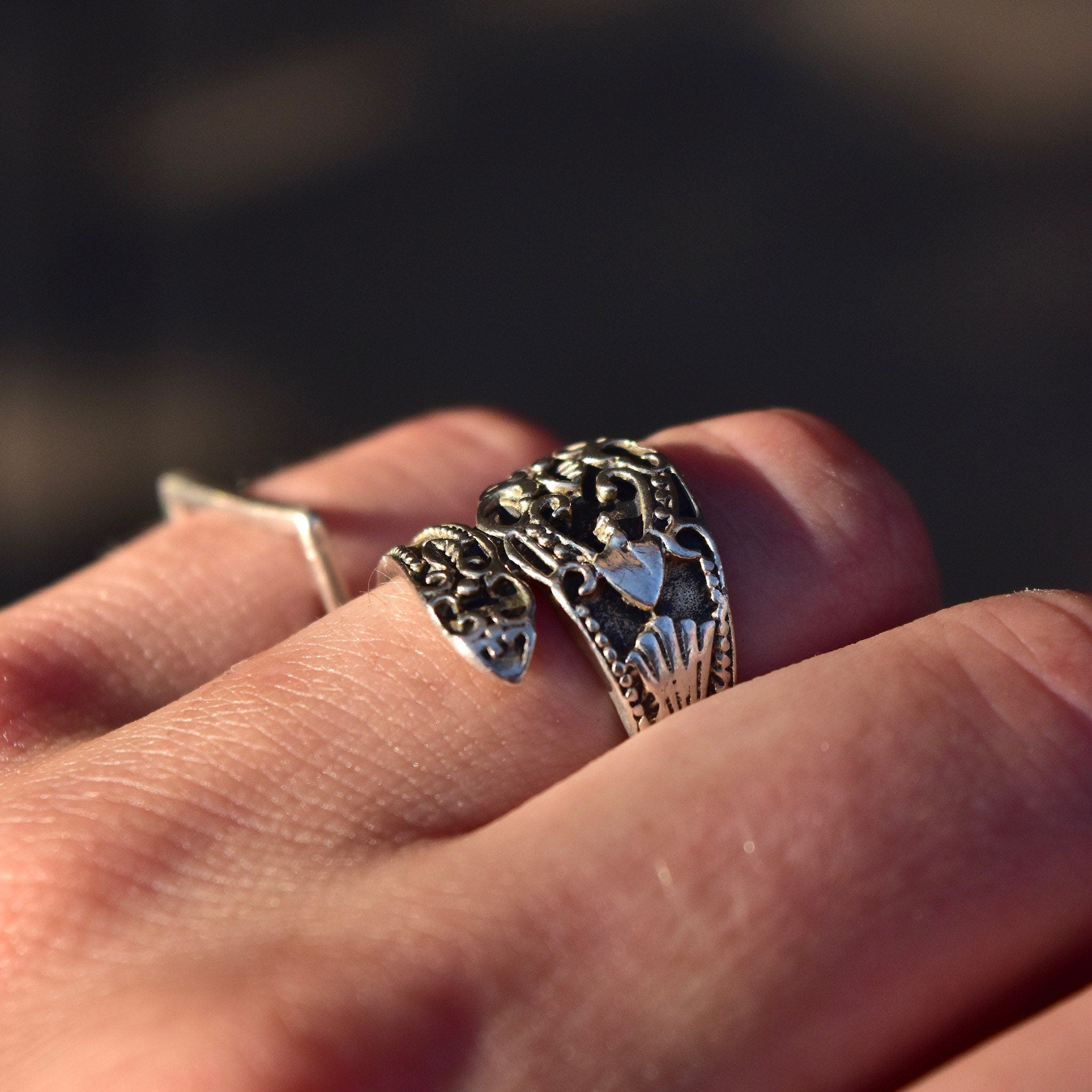 Ornate Sterling Silver Snake Spoon Ring, Engraved Silver Wrap Ring, Flora Motifs, Art Nouveau Revival, 925 Stacking Ring, Size 7 US