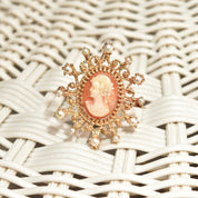 Ornate 14K Yellow Gold Pearl Frame Cameo Brooch Pin, Classic Relief Shell Carving, Ornate Pearl Crown Setting, 40mm
