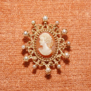 Ornate 14K Yellow Gold Pearl Frame Cameo Brooch Pin, Classic Relief Shell Carving, Ornate Pearl Crown Setting, 40mm