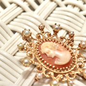 Ornate 14K Yellow Gold Pearl Frame Cameo Brooch Pin, Classic Relief Shell Carving, Ornate Pearl Crown Setting, 40mm