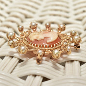 Ornate 14K Yellow Gold Pearl Frame Cameo Brooch Pin, Classic Relief Shell Carving, Ornate Pearl Crown Setting, 40mm