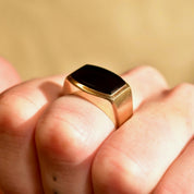 14K Yellow Gold Black Onyx Signet Ring, Sleek Modernist Unisex Gold Ring, Satin & Polished Finish, Size 8 3/4 US