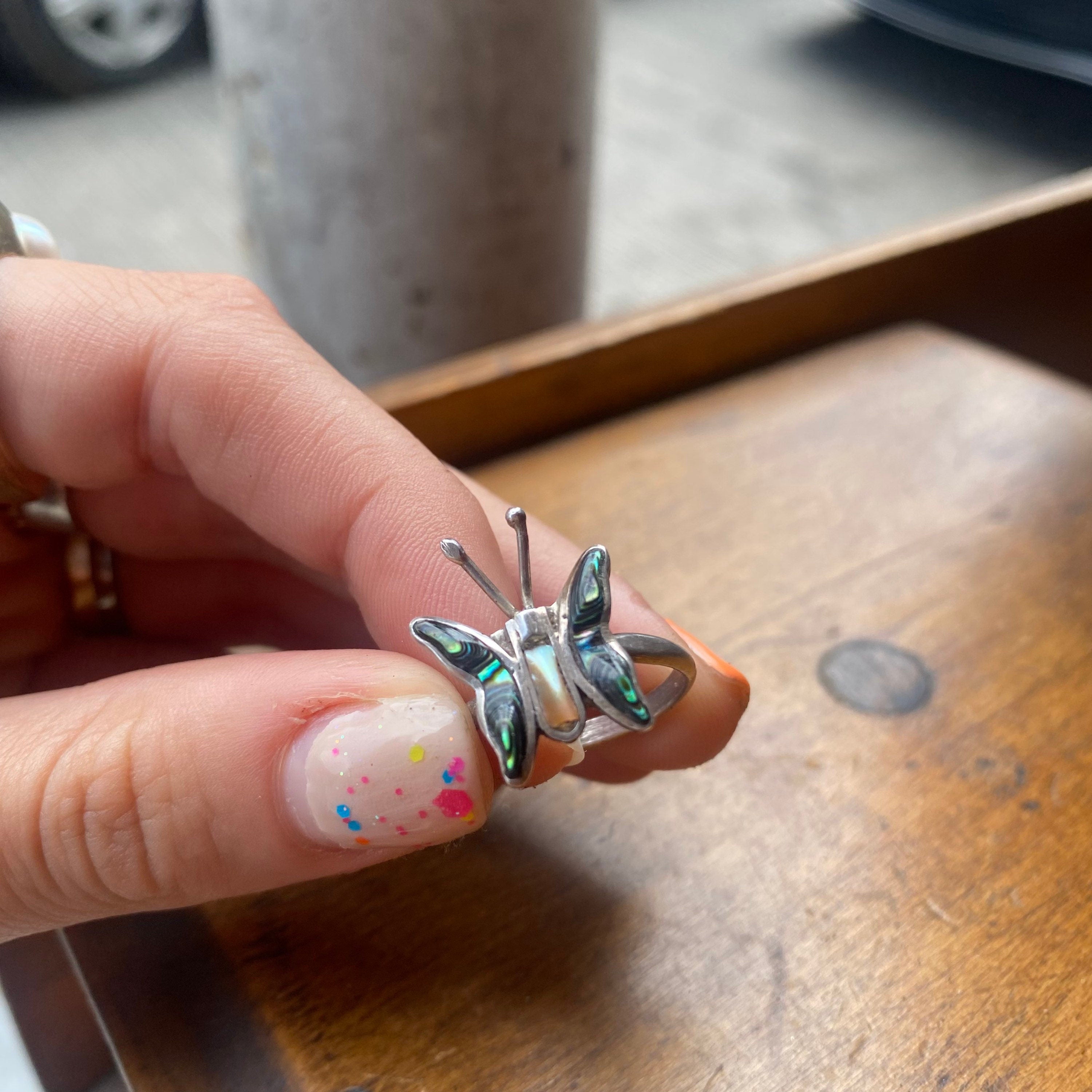 Sterling Silver and Abalone and Mother of Pearl Butterfly Ring, Stone Winged Butterfly Ring, Butterfly Ring, Bug Ring, Adjustable Ring