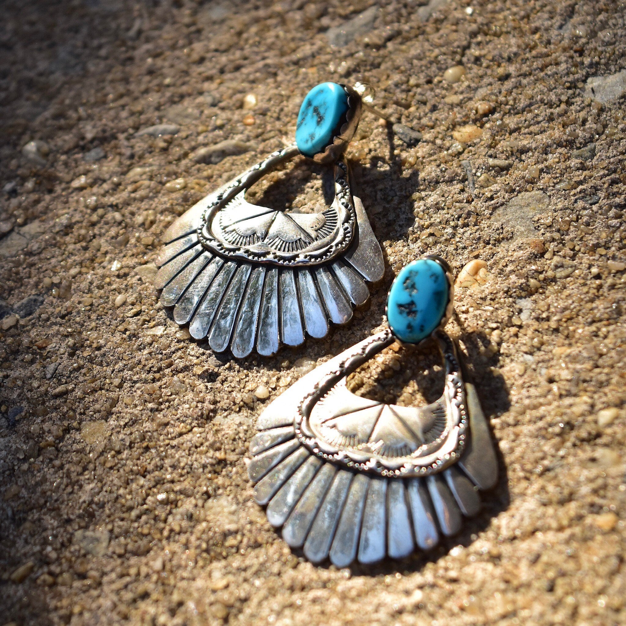 Vintage Chunky Sterling Silver Turquoise Dangle Earrings, Hinged Silver Stud Earrings, Turquoise Gemstone, Statement Earrings, 51.5mm L