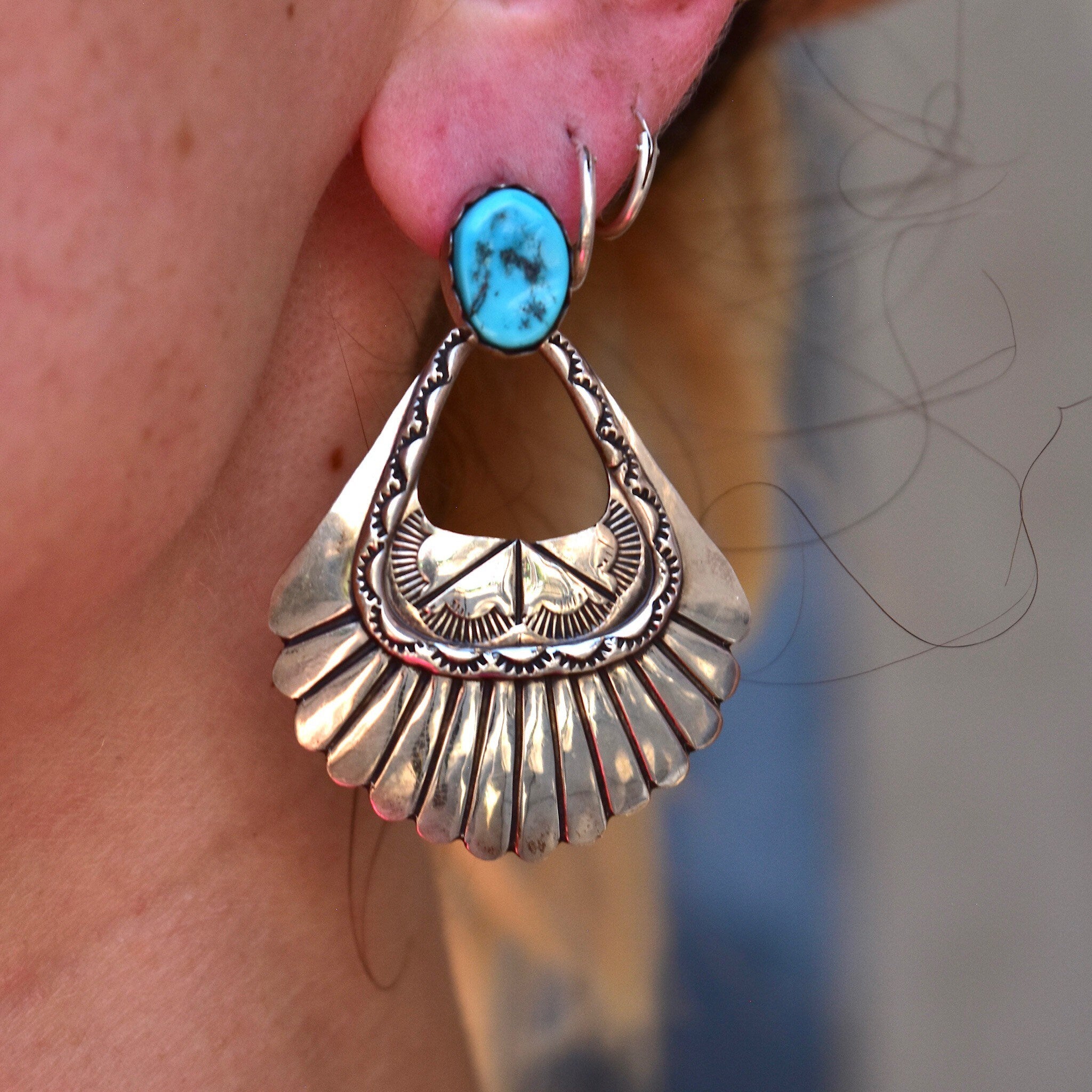 Vintage Chunky Sterling Silver Turquoise Dangle Earrings, Hinged Silver Stud Earrings, Turquoise Gemstone, Statement Earrings, 51.5mm L