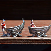 Japanese Lusterware Porcelain Salt & Pepper Boats W/ Ladies In Retro Swimwear, Cute Mini Sugar Bowls, Vintage Dinnerware Collectibles