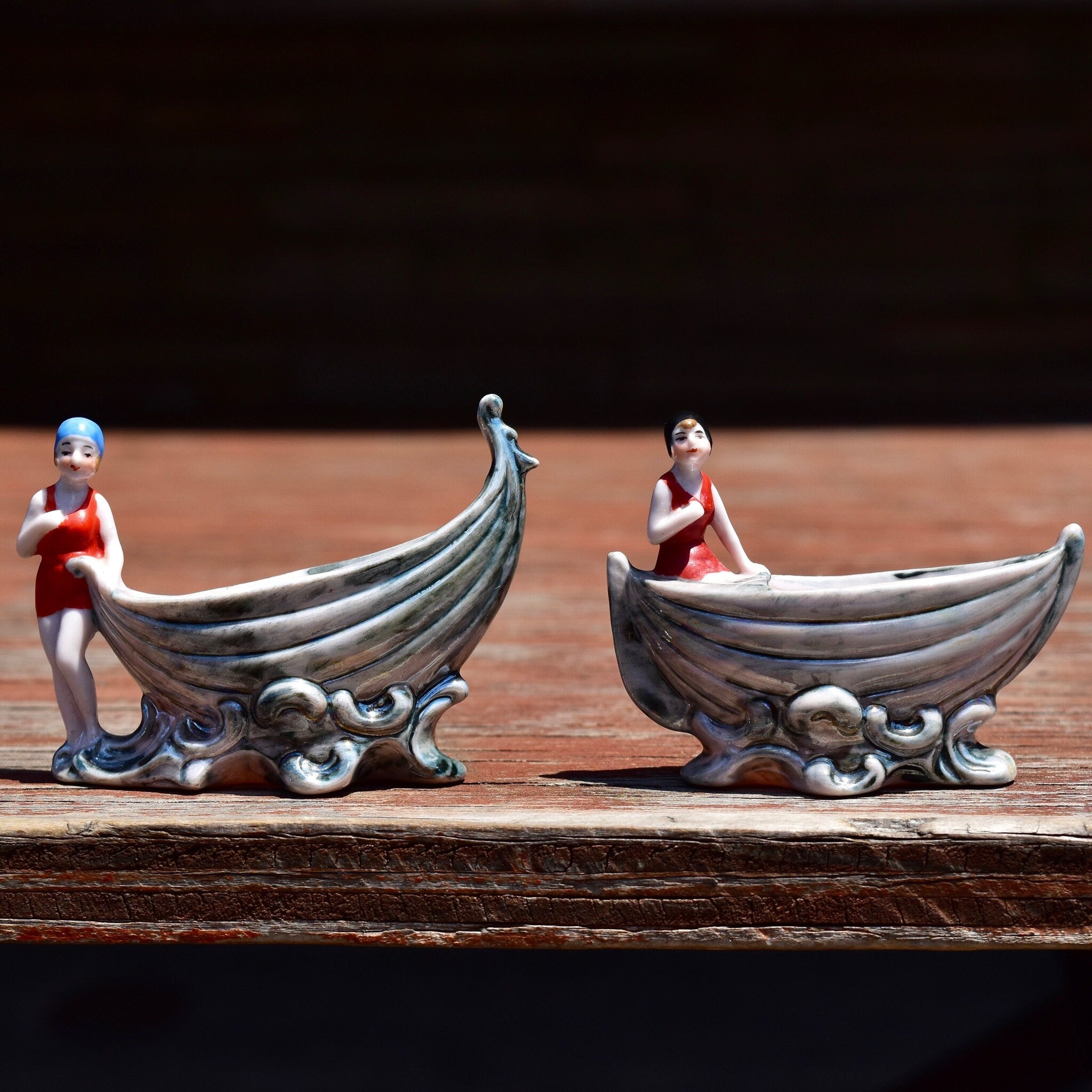 Japanese Lusterware Porcelain Salt & Pepper Boats W/ Ladies In Retro Swimwear, Cute Mini Sugar Bowls, Vintage Dinnerware Collectibles