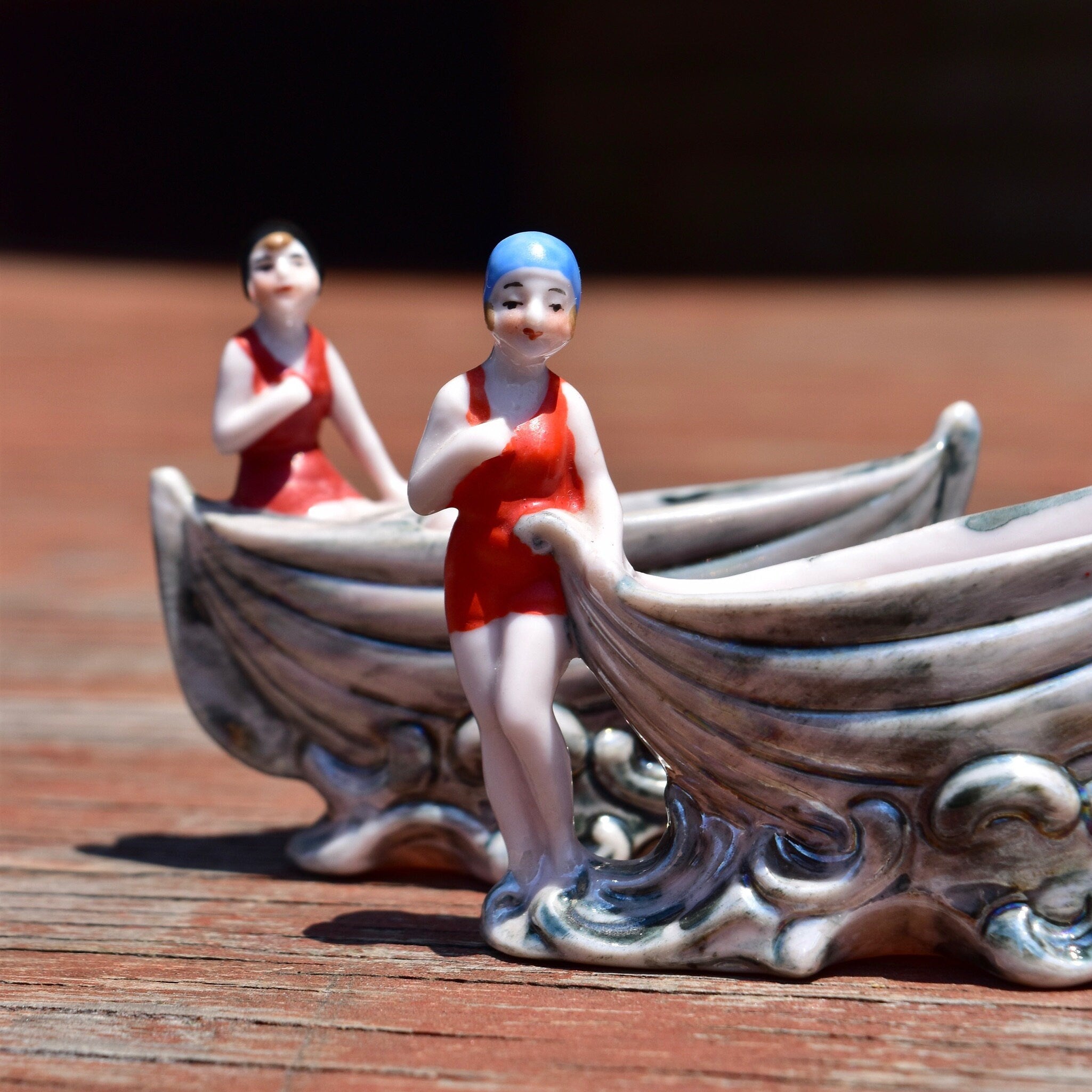 Japanese Lusterware Porcelain Salt & Pepper Boats W/ Ladies In Retro Swimwear, Cute Mini Sugar Bowls, Vintage Dinnerware Collectibles
