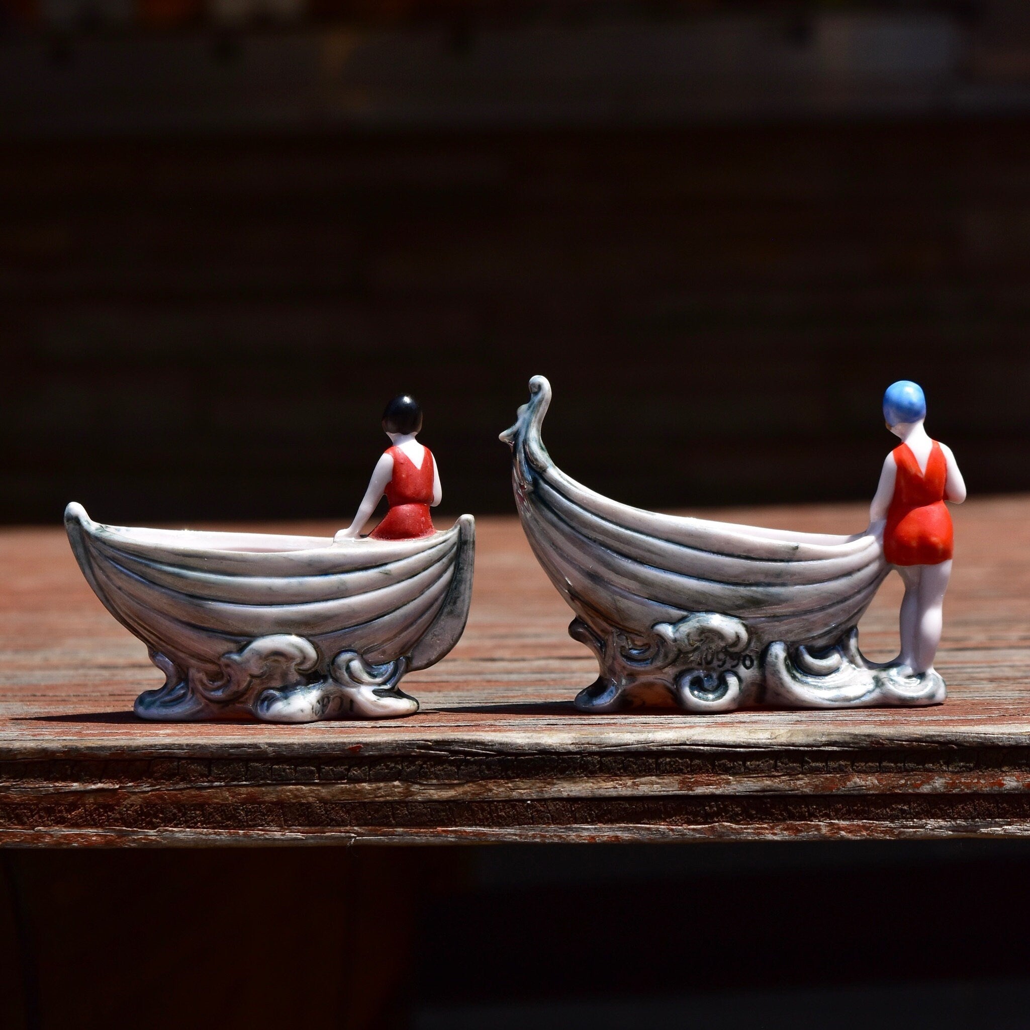 Japanese Lusterware Porcelain Salt & Pepper Boats W/ Ladies In Retro Swimwear, Cute Mini Sugar Bowls, Vintage Dinnerware Collectibles