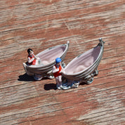Japanese Lusterware Porcelain Salt & Pepper Boats W/ Ladies In Retro Swimwear, Cute Mini Sugar Bowls, Vintage Dinnerware Collectibles