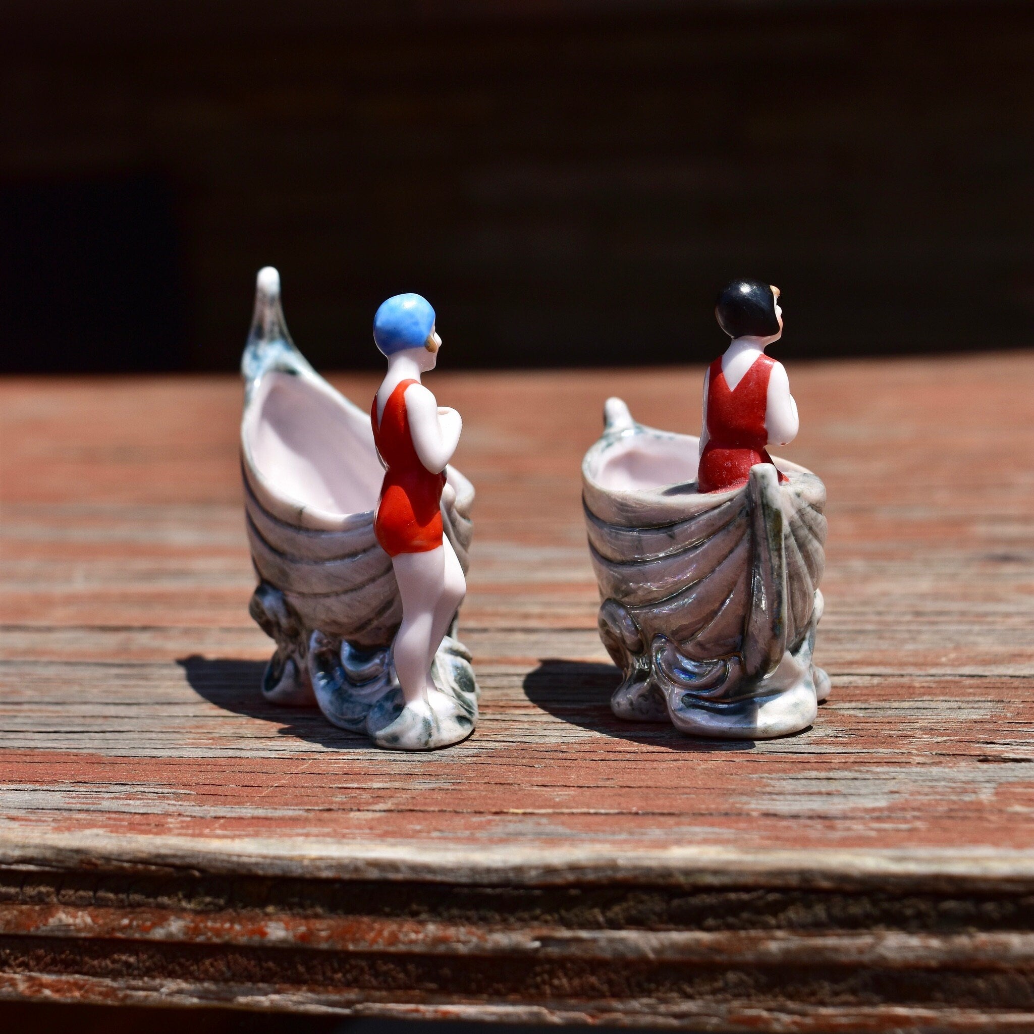 Japanese Lusterware Porcelain Salt & Pepper Boats W/ Ladies In Retro Swimwear, Cute Mini Sugar Bowls, Vintage Dinnerware Collectibles