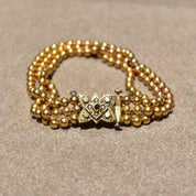 Victorian 10K Gold Triple-Strand Beaded Bracelet W/ Ornate Garnet Seed Pearl Box Clasp, Antique Mourning Jewelry, 6 3/4" L