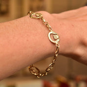 14K Irish Claddagh Link Bracelet In Yellow Gold, Symbol Of Love, Loyalty & Friendship, Vintage Jewelry, 7 3/4" L