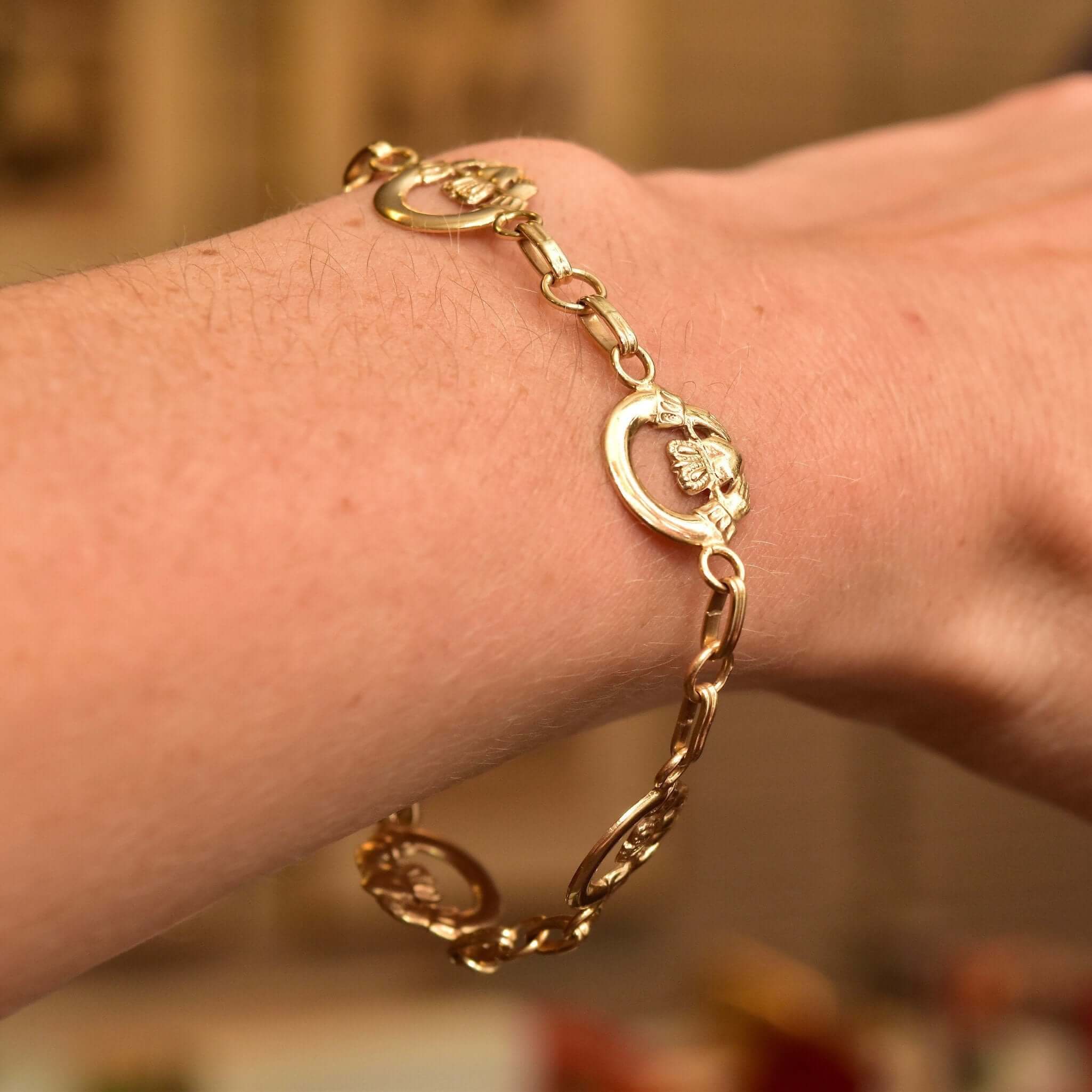 14K Irish Claddagh Link Bracelet In Yellow Gold, Symbol Of Love, Loyalty & Friendship, Vintage Jewelry, 7 3/4" L
