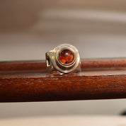 Modernist Sterling Silver Amber Cabochon Ring, Chunky Silver Gemstone Ring, Square Cutout Band, Size 6 1/2 US