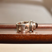 Modernist Sterling Silver Amber Cabochon Ring, Chunky Silver Gemstone Ring, Square Cutout Band, Size 6 1/2 US