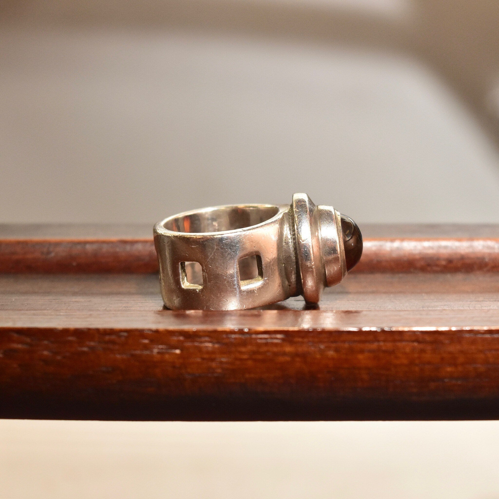 Modernist Sterling Silver Amber Cabochon Ring, Chunky Silver Gemstone Ring, Square Cutout Band, Size 6 1/2 US