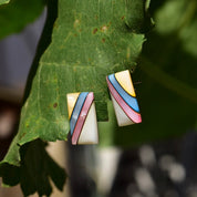 Iridescent Mother of Pearl Sterling Silver Stud Earrings, Striped Pink, Blue, Yellow Mother of Pearl Shell Inlay, Mexico 950, 21mm