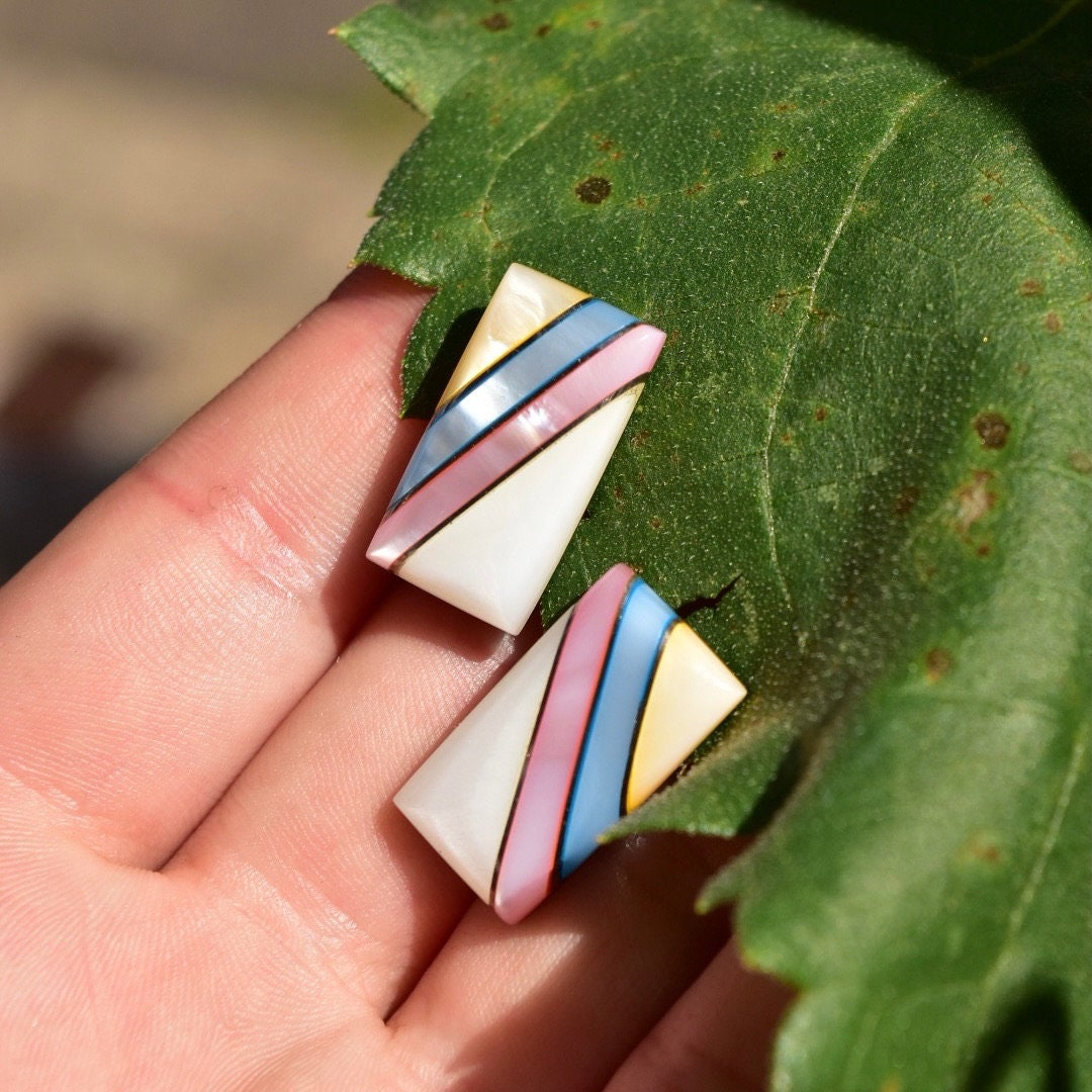Iridescent Mother of Pearl Sterling Silver Stud Earrings, Striped Pink, Blue, Yellow Mother of Pearl Shell Inlay, Mexico 950, 21mm