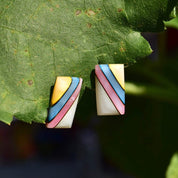 Iridescent Mother of Pearl Sterling Silver Stud Earrings, Striped Pink, Blue, Yellow Mother of Pearl Shell Inlay, Mexico 950, 21mm