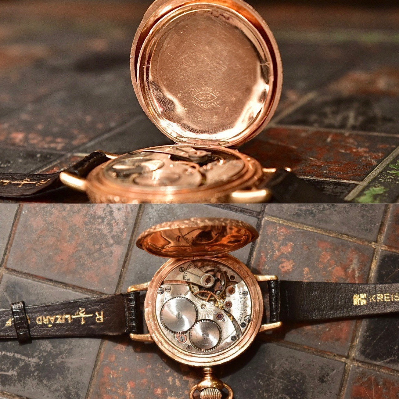1901 Waltham 14K Gold Pocket Watch Converted Ladies Wristwatch, Engine Turned Engraved Hunter-Case, Black Lizard Skin Wristband