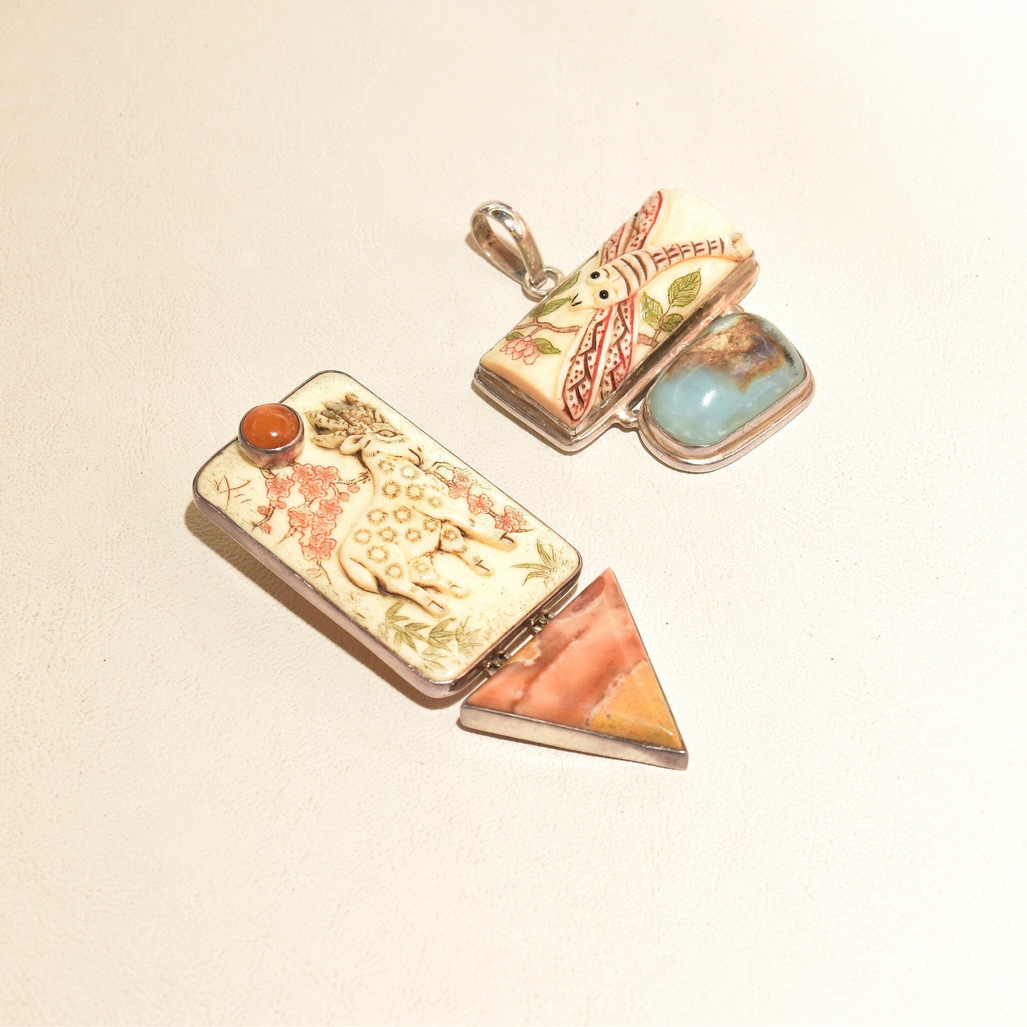 Signed Sterling Silver Amy K. Russell Deer Brooch, Carved Bone Deer Brooch, Tangerine Quartz and Aragonite Brooch, 81mm