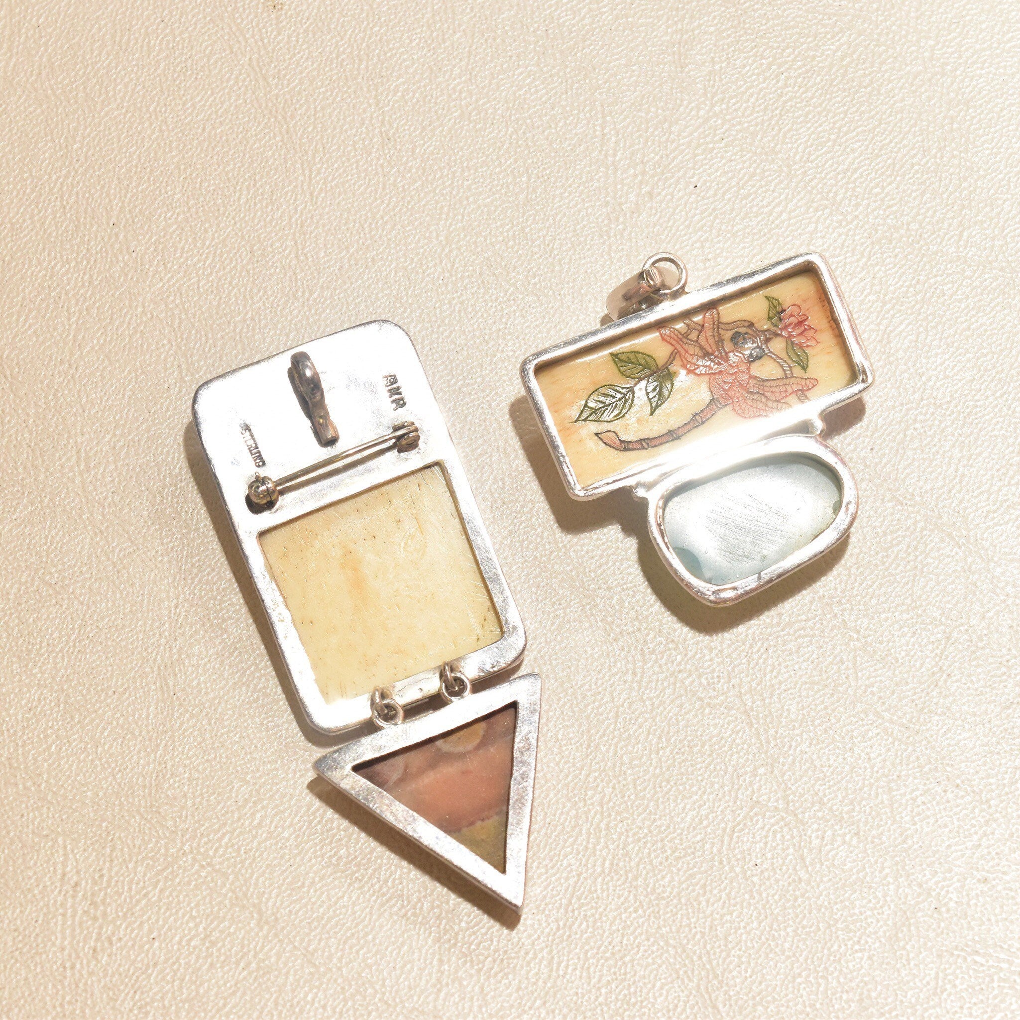 Signed Sterling Silver Amy K. Russell Deer Brooch, Carved Bone Deer Brooch, Tangerine Quartz and Aragonite Brooch, 81mm