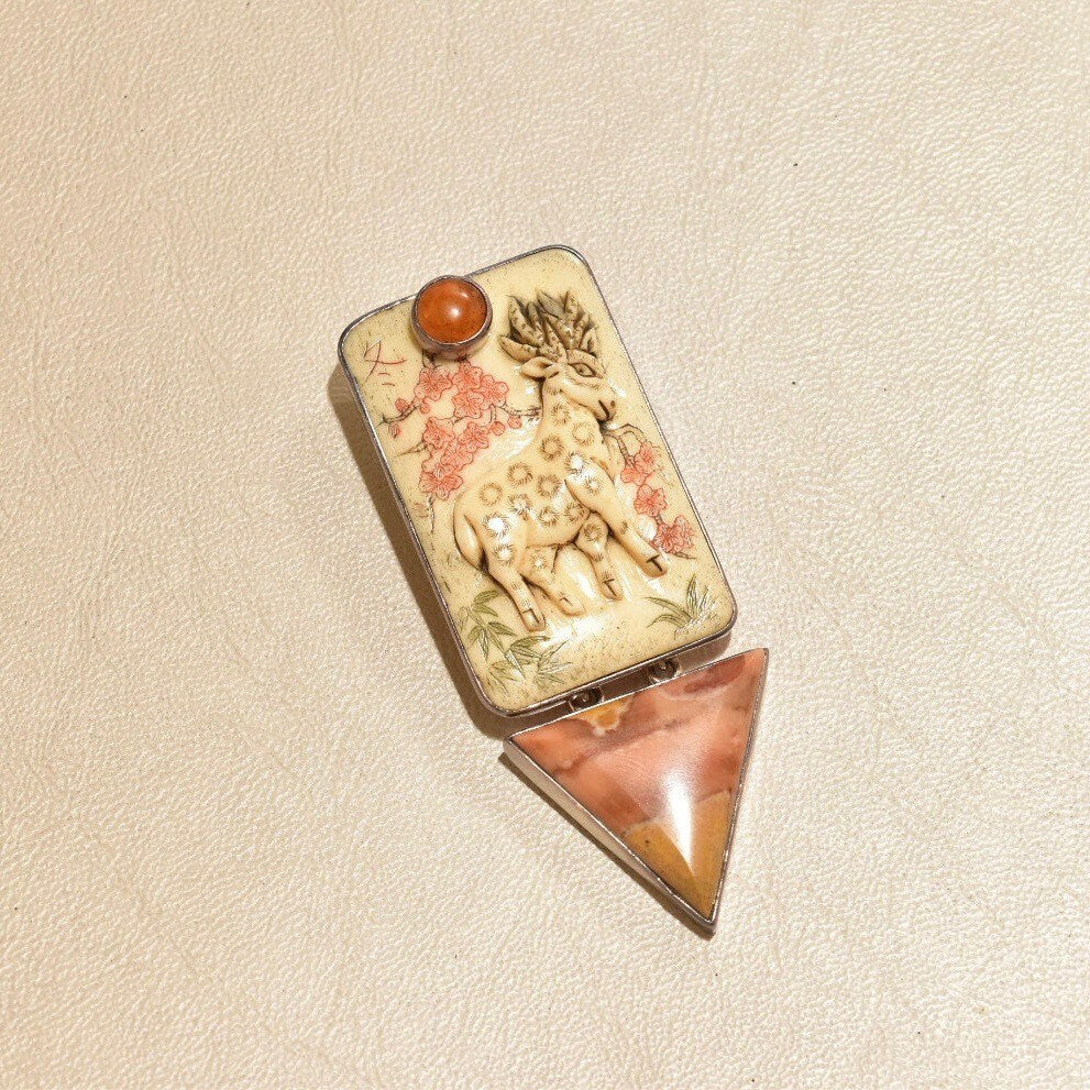 Signed Sterling Silver Amy K. Russell Deer Brooch, Carved Bone Deer Brooch, Tangerine Quartz and Aragonite Brooch, 81mm