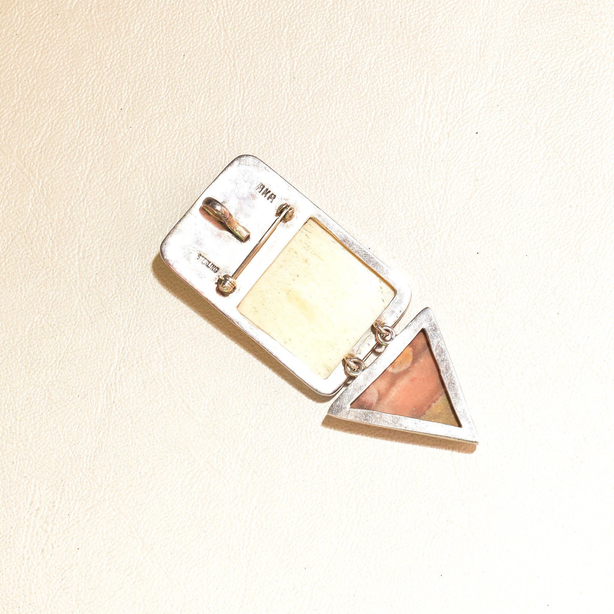 Signed Sterling Silver Amy K. Russell Deer Brooch, Carved Bone Deer Brooch, Tangerine Quartz and Aragonite Brooch, 81mm