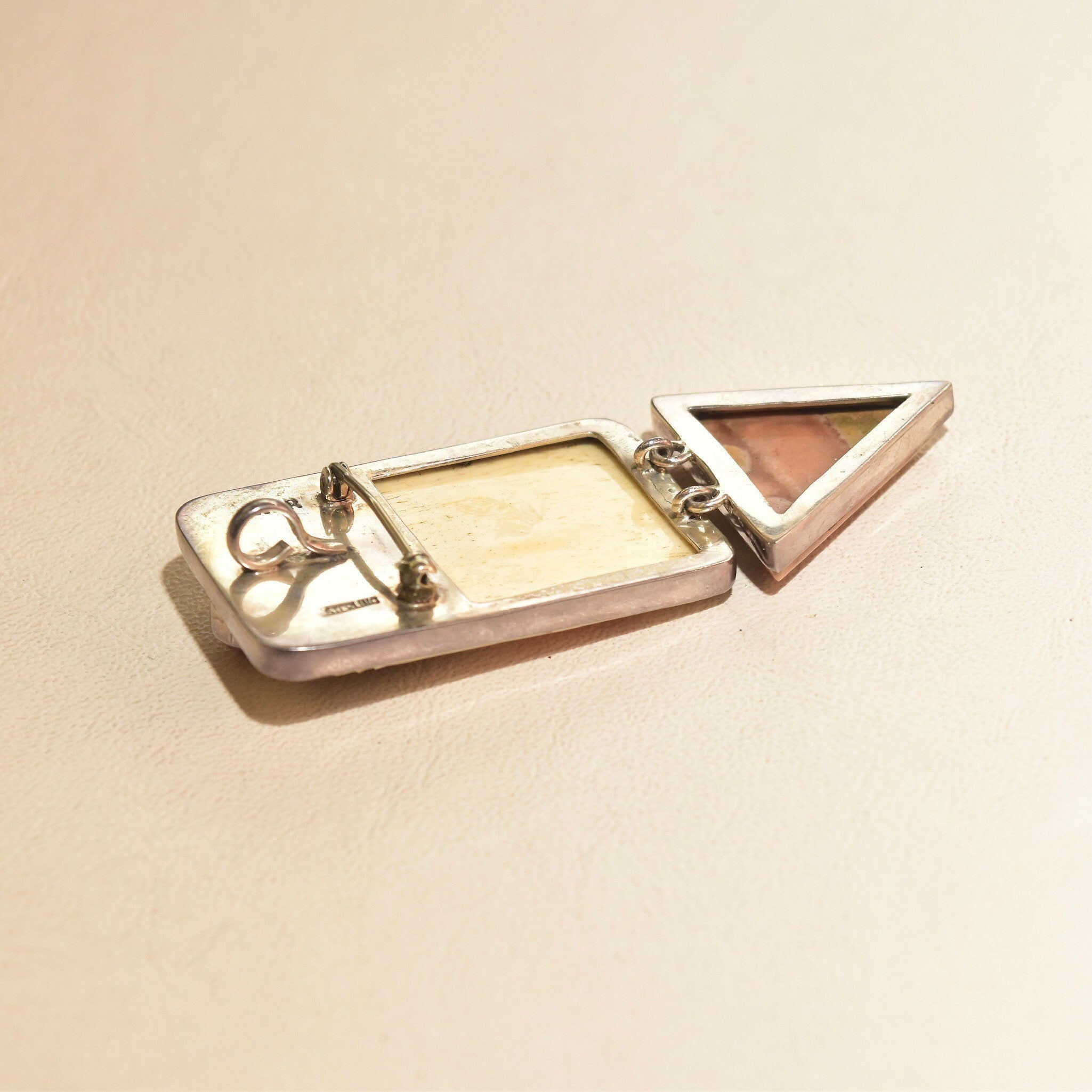 Signed Sterling Silver Amy K. Russell Deer Brooch, Carved Bone Deer Brooch, Tangerine Quartz and Aragonite Brooch, 81mm