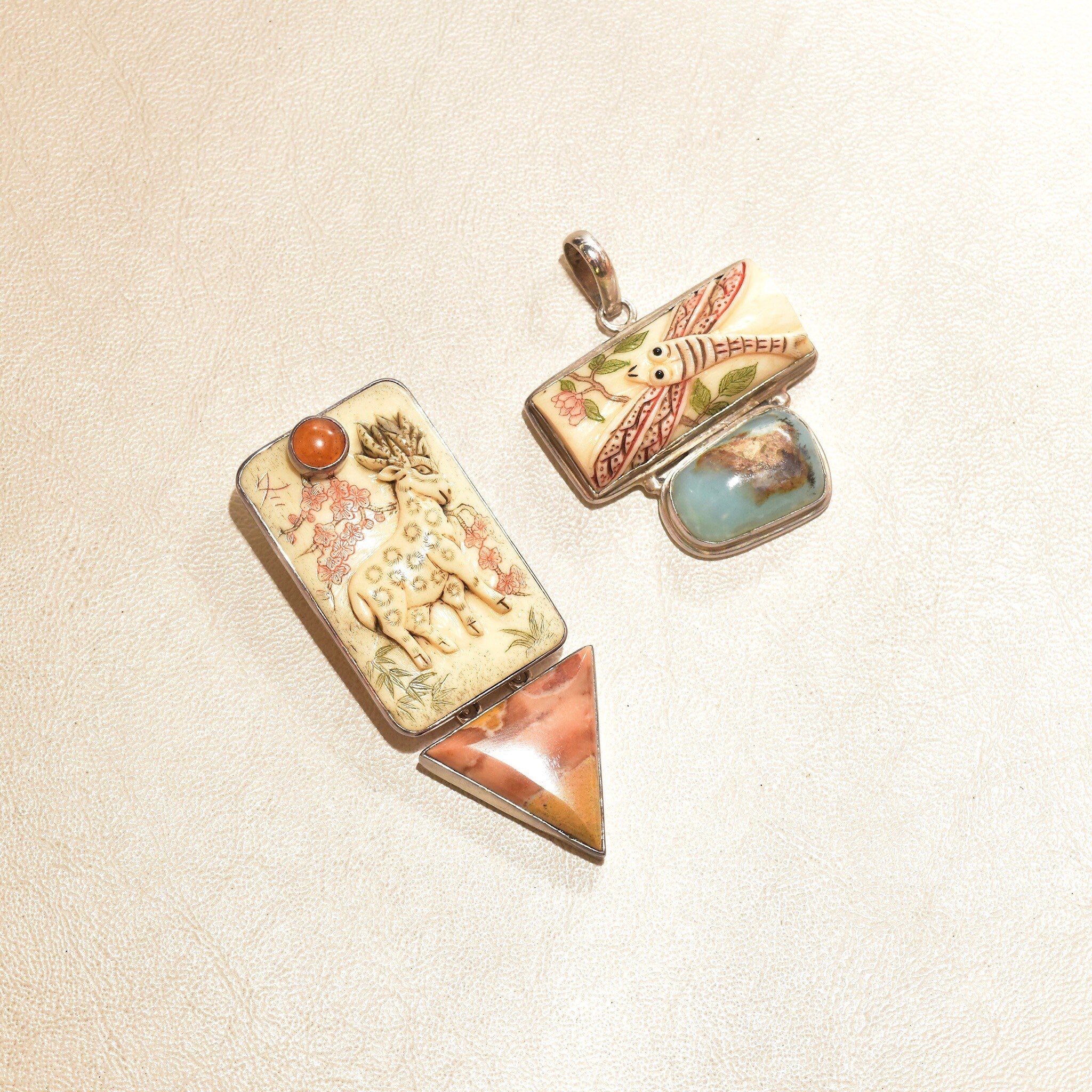 Signed Sterling Silver Amy K. Russell Deer Brooch, Carved Bone Deer Brooch, Tangerine Quartz and Aragonite Brooch, 81mm
