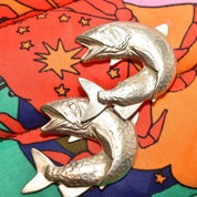 Linda Hesh Sterling Silver Fish Stud Earrings, Chunky Alternating Pierced Fish Earrings, Vintage Modernist Jewelry, 1 3/4"