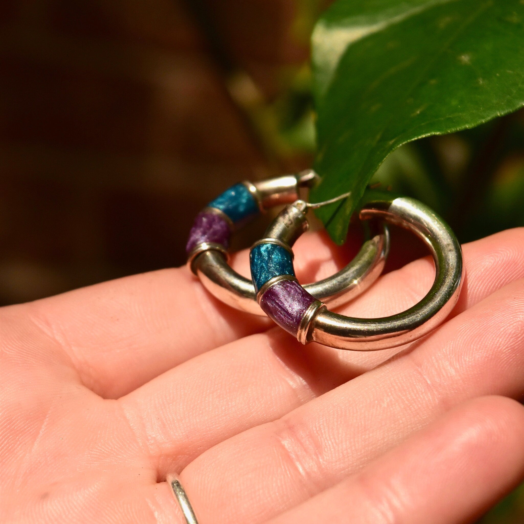 Bohemian Mod Sterling Silver Metallic Enamel Hoop Earrings, Gogo Dancer Earrings, 925 Statement Earrings, 30mm