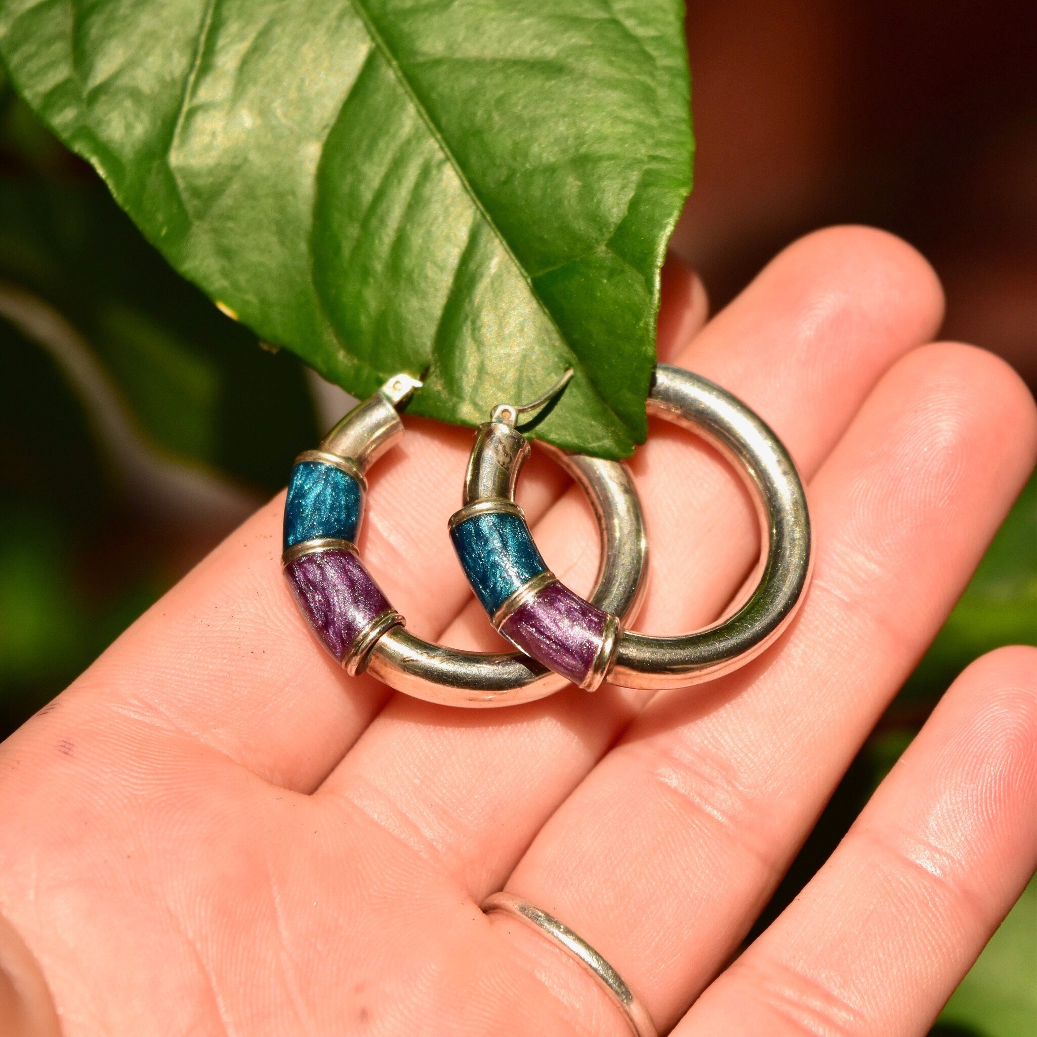 Bohemian Mod Sterling Silver Metallic Enamel Hoop Earrings, Gogo Dancer Earrings, 925 Statement Earrings, 30mm
