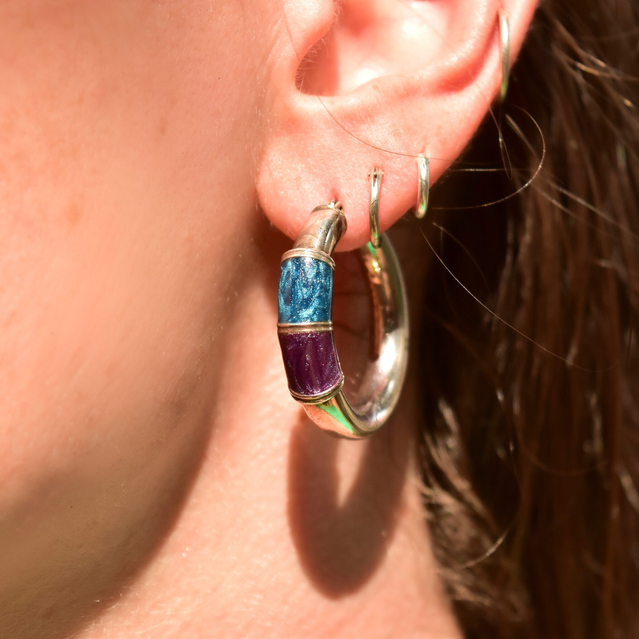 Bohemian Mod Sterling Silver Metallic Enamel Hoop Earrings, Gogo Dancer Earrings, 925 Statement Earrings, 30mm