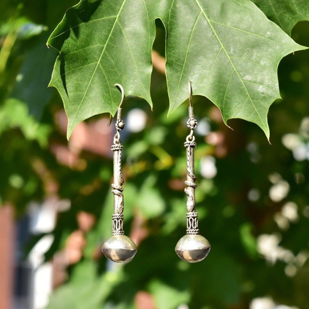 Balinese Sterling Silver Long Ball Drop Earrings, Snake Coil Embellishment, Vintage Bohemian Accessories, 3 1/4" L