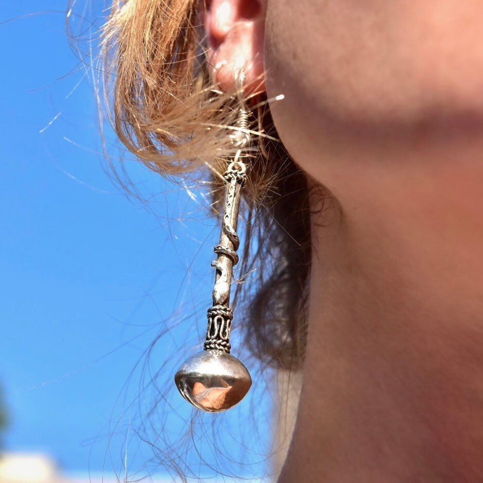 Balinese Sterling Silver Long Ball Drop Earrings, Snake Coil Embellishment, Vintage Bohemian Accessories, 3 1/4" L