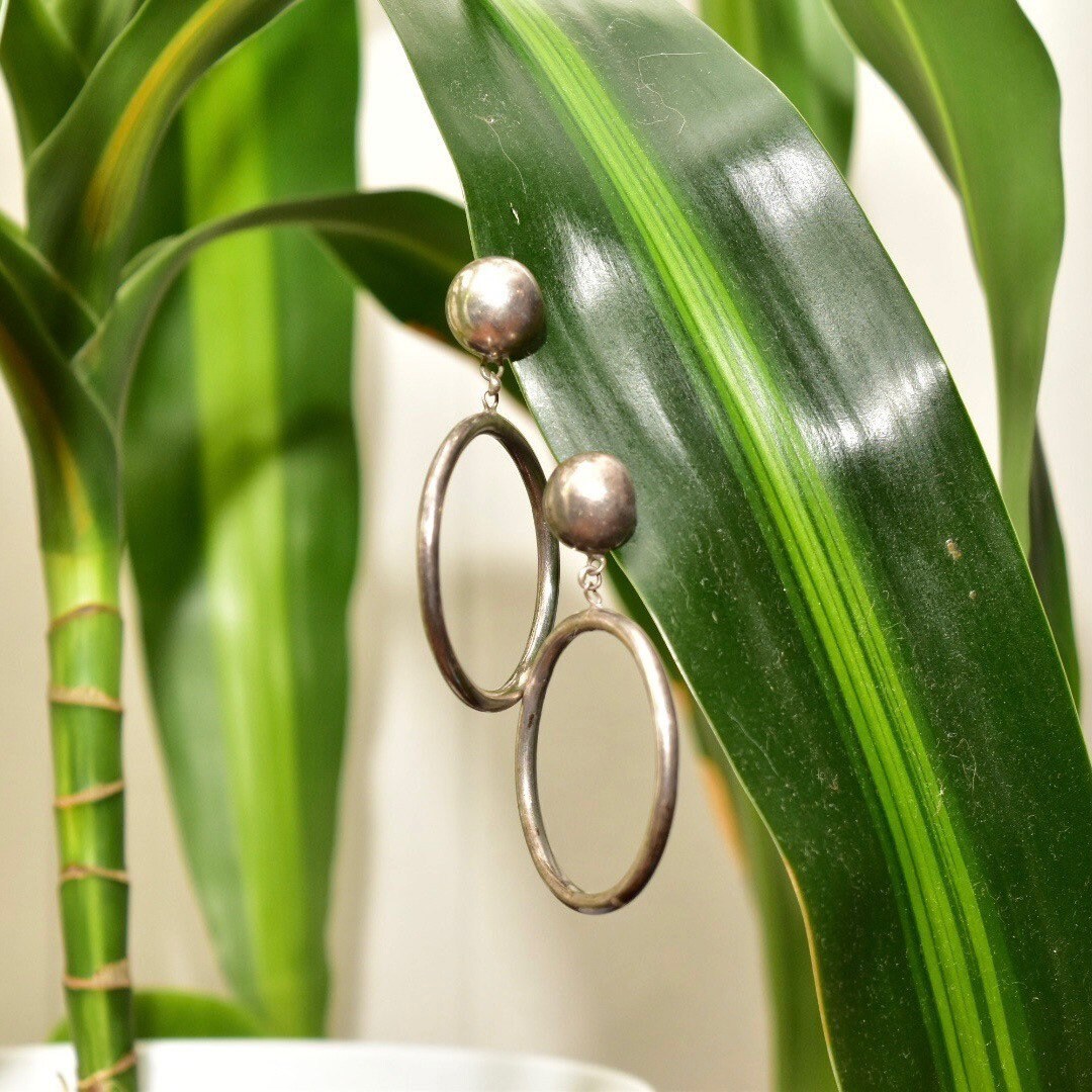 Mod Sterling Silver Stud Hoop Earrings, Go-Go Earrings, Vintage 925 Jewelry, 59mm