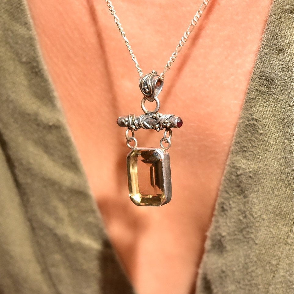 Lori Bonn Sterling Silver Smoky Quartz Double Drop Pendant Necklace, Emerald Cut Gemstone, 18" Figaro Chain, Modernist Jewelry, 17 1/2"
