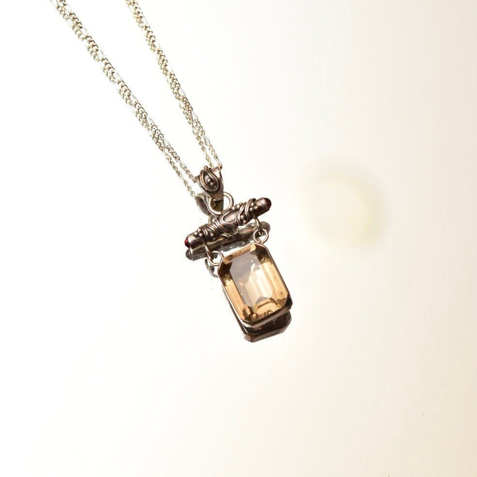 Lori Bonn Sterling Silver Smoky Quartz Double Drop Pendant Necklace, Emerald Cut Gemstone, 18" Figaro Chain, Modernist Jewelry, 17 1/2"