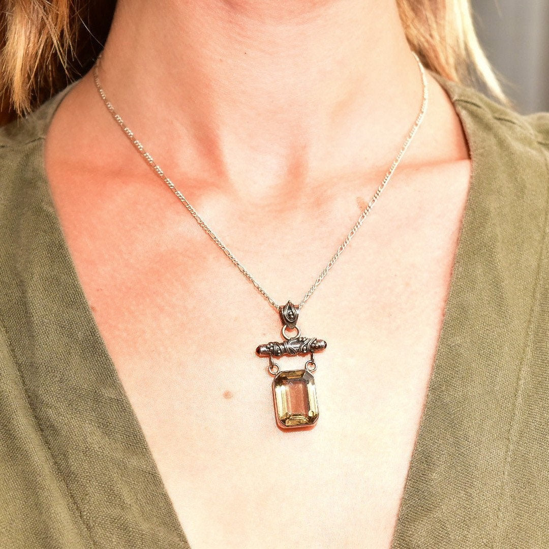 Lori Bonn Sterling Silver Smoky Quartz Double Drop Pendant Necklace, Emerald Cut Gemstone, 18" Figaro Chain, Modernist Jewelry, 17 1/2"