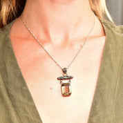 Lori Bonn Sterling Silver Smoky Quartz Double Drop Pendant Necklace, Emerald Cut Gemstone, 18" Figaro Chain, Modernist Jewelry, 17 1/2"