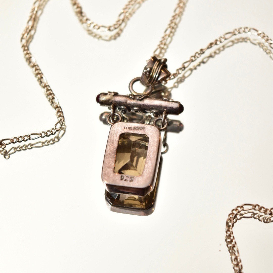 Lori Bonn Sterling Silver Smoky Quartz Double Drop Pendant Necklace, Emerald Cut Gemstone, 18" Figaro Chain, Modernist Jewelry, 17 1/2"