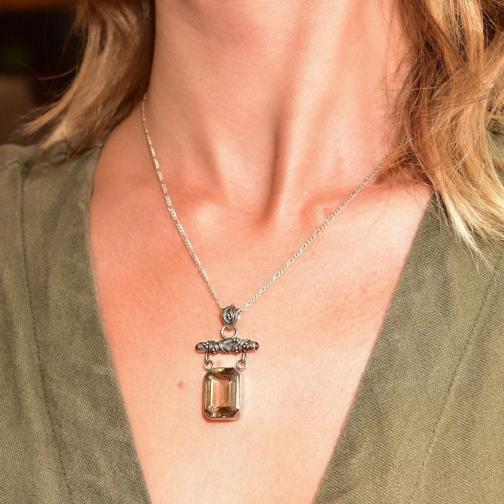 Lori Bonn Sterling Silver Smoky Quartz Double Drop Pendant Necklace, Emerald Cut Gemstone, 18" Figaro Chain, Modernist Jewelry, 17 1/2"