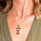 Lori Bonn Sterling Silver Smoky Quartz Double Drop Pendant Necklace, Emerald Cut Gemstone, 18" Figaro Chain, Modernist Jewelry, 17 1/2"