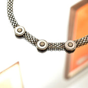 Victorian Style Two-Tone Silver Mesh Collar Necklace, Wide Ornate Link Chain W/ Gold Flower Medallions, Book Chain Necklace, 16" L
