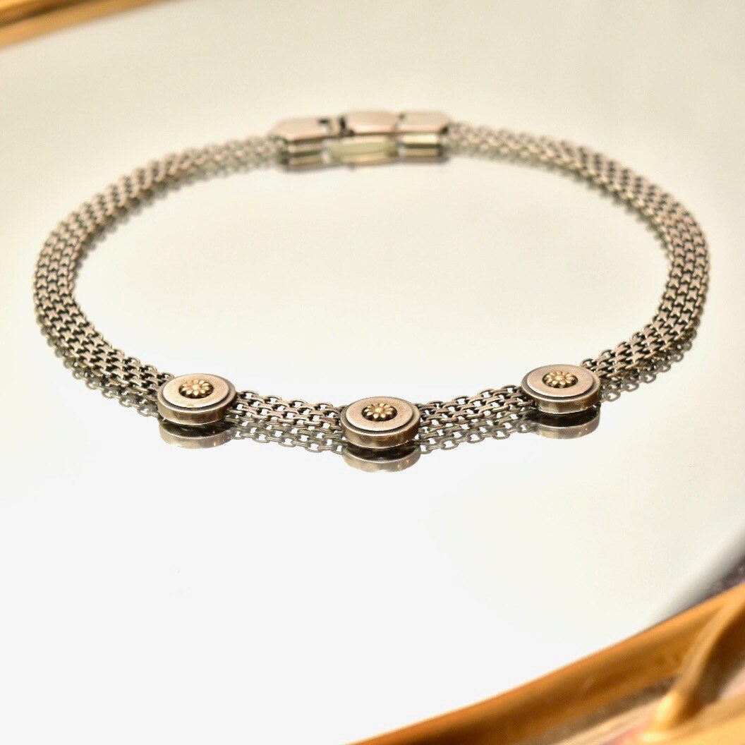 Victorian Style Two-Tone Silver Mesh Collar Necklace, Wide Ornate Link Chain W/ Gold Flower Medallions, Book Chain Necklace, 16" L
