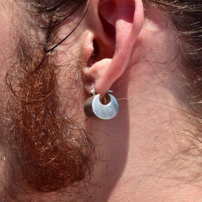 Mini Chunky Sterling Silver Hoop Earrings, Small Unisex Earrings, Modernist Jewelry, Vintage 925 Hoops, 16mm
