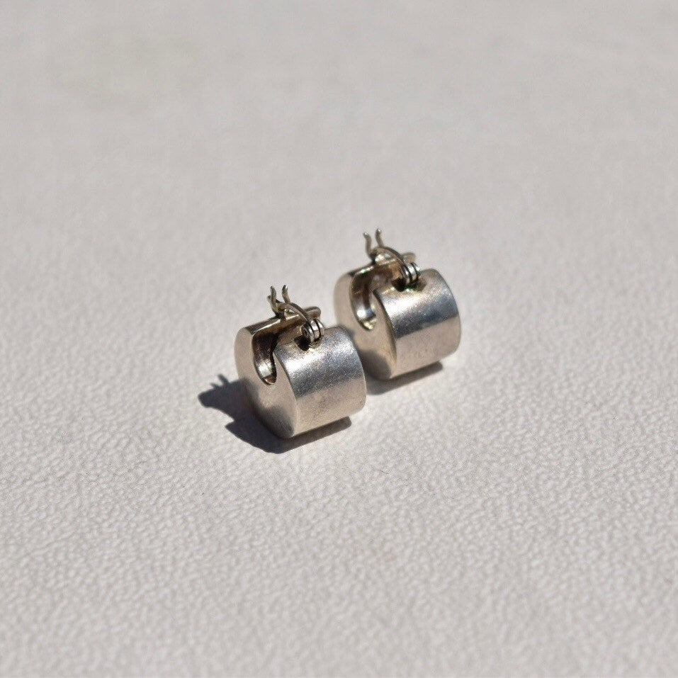Mini Chunky Sterling Silver Hoop Earrings, Small Unisex Earrings, Modernist Jewelry, Vintage 925 Hoops, 16mm